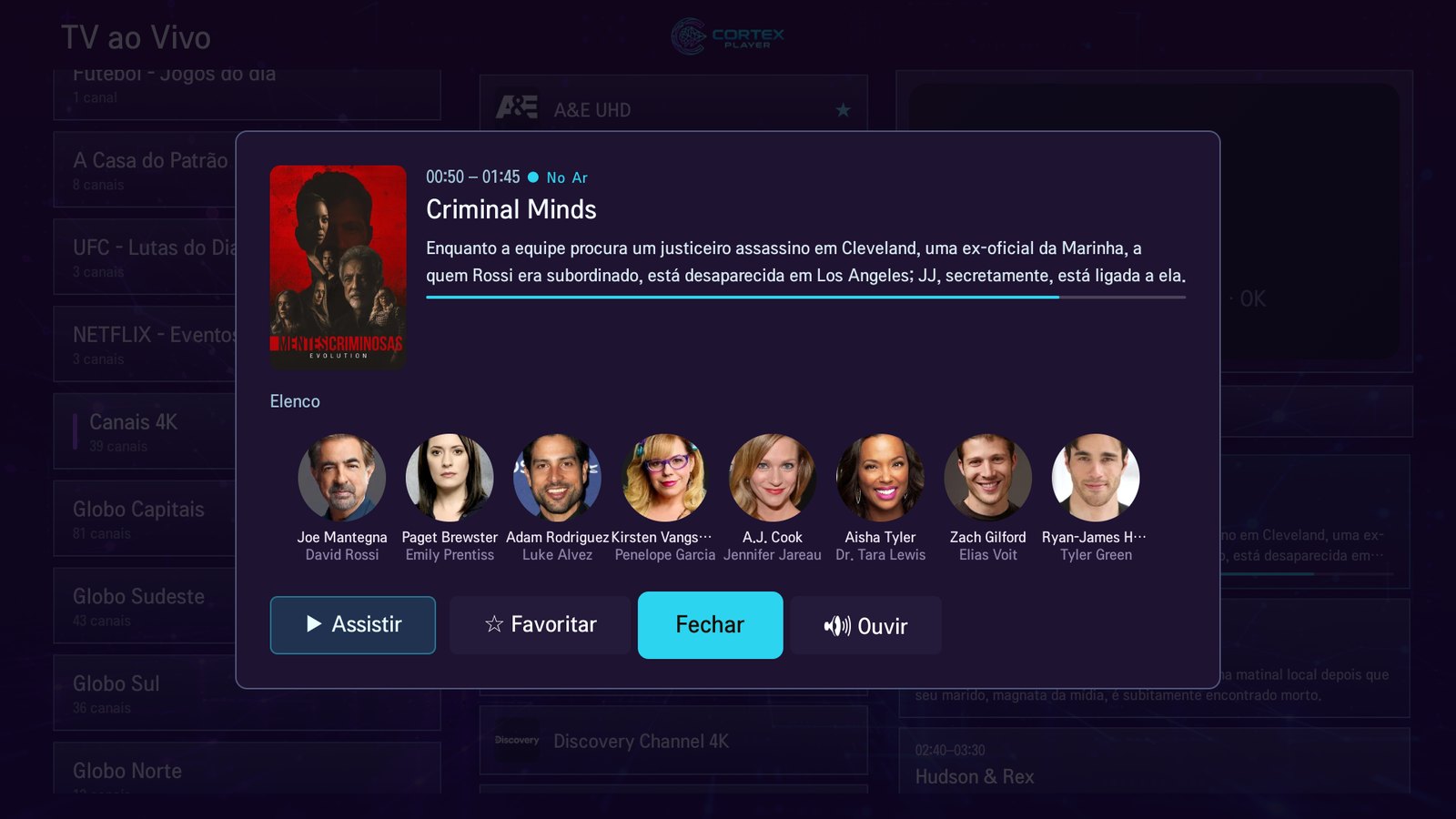 Detalhe da programação ao vivo com elenco e assistir